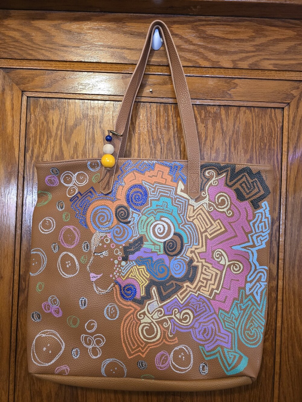 HANDCRAFTED Faux Leather Tote Bag HANDPAINTED Alien Female Profile Abstract Art